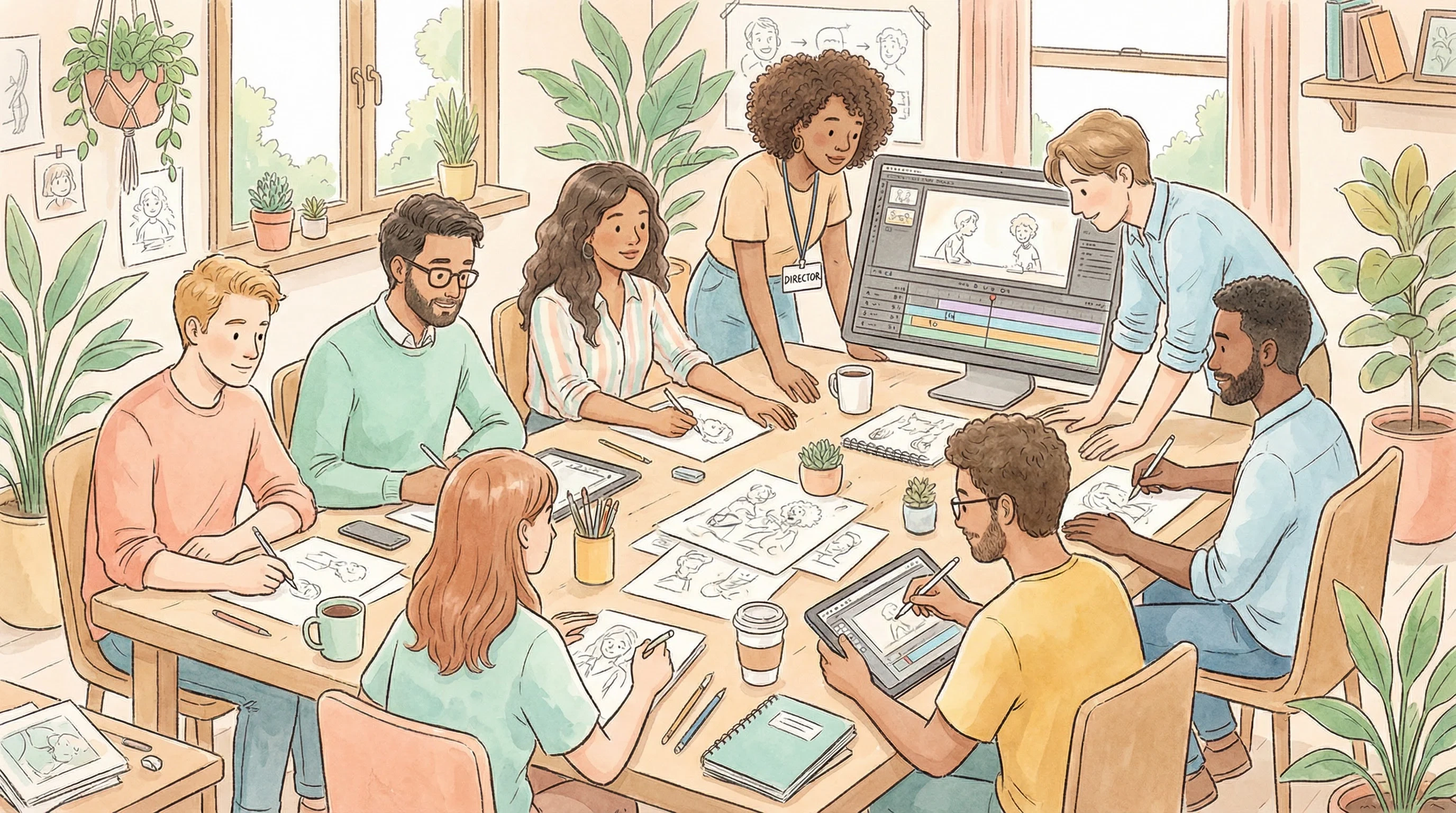 暗网｜全网原创国产视频免费观看 | 动手不累创作团队协作工作场景插画 - 多元化动画专业团队